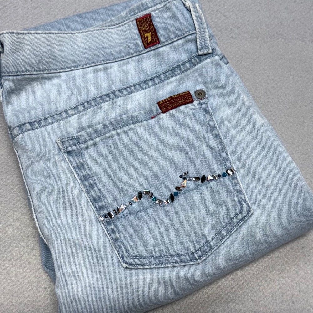 7 For All Mankind Low Straight Leg Women Jeans 29 Light Wash Embellished Crystal